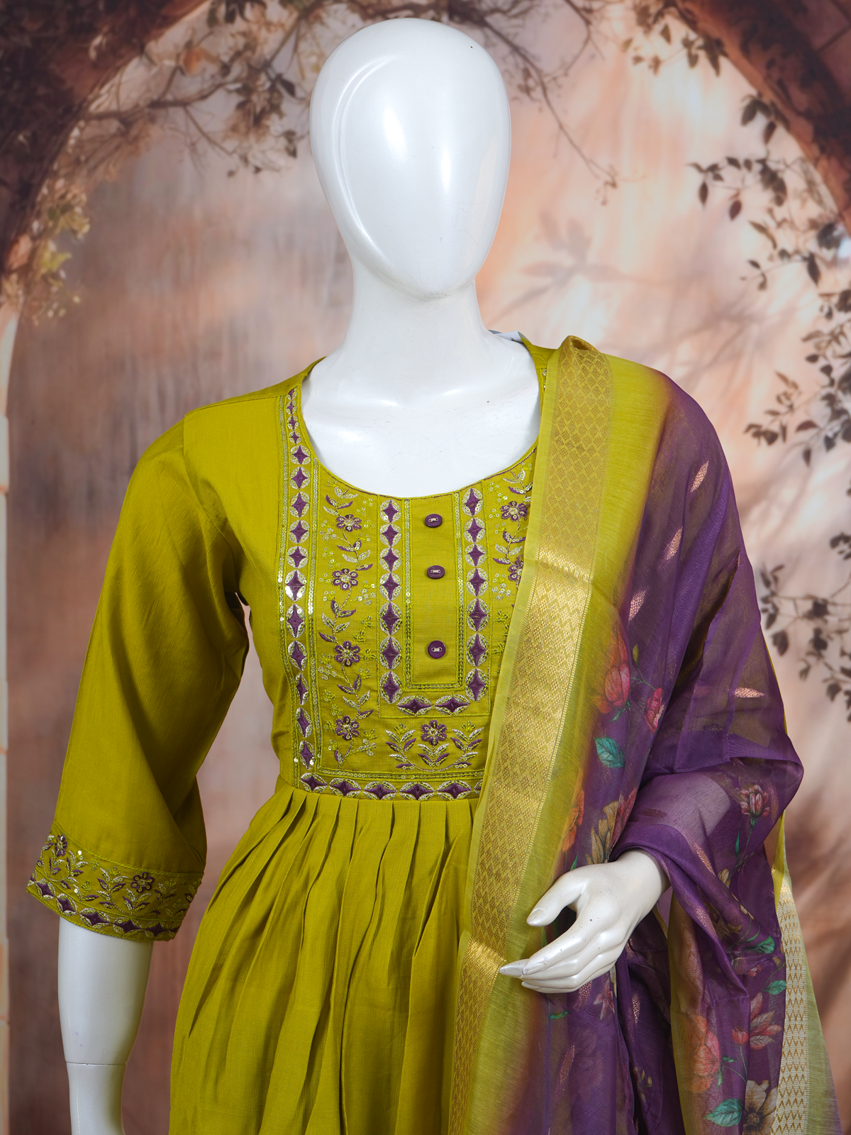 Olive Green with Purple Dupatta Anarkali Set