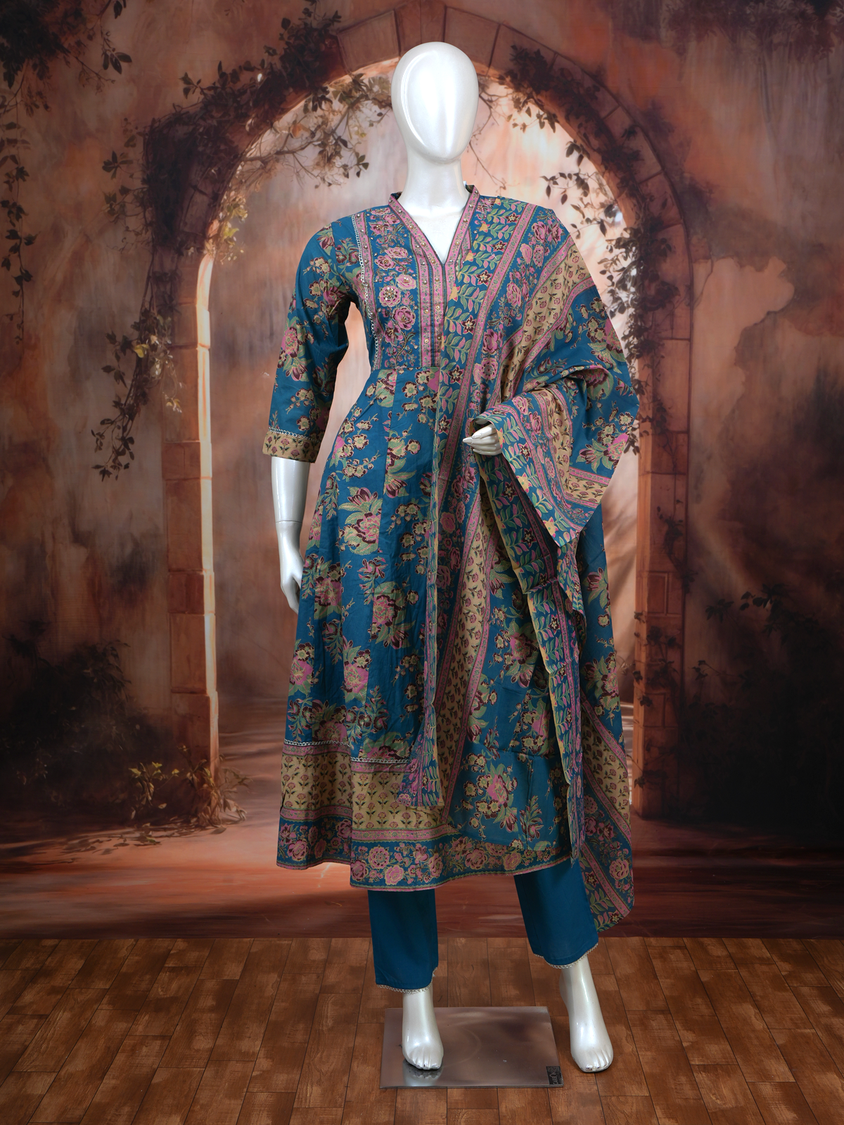 Teal Blue with Matching Floral Dupatta Ready Made Kurti Set
