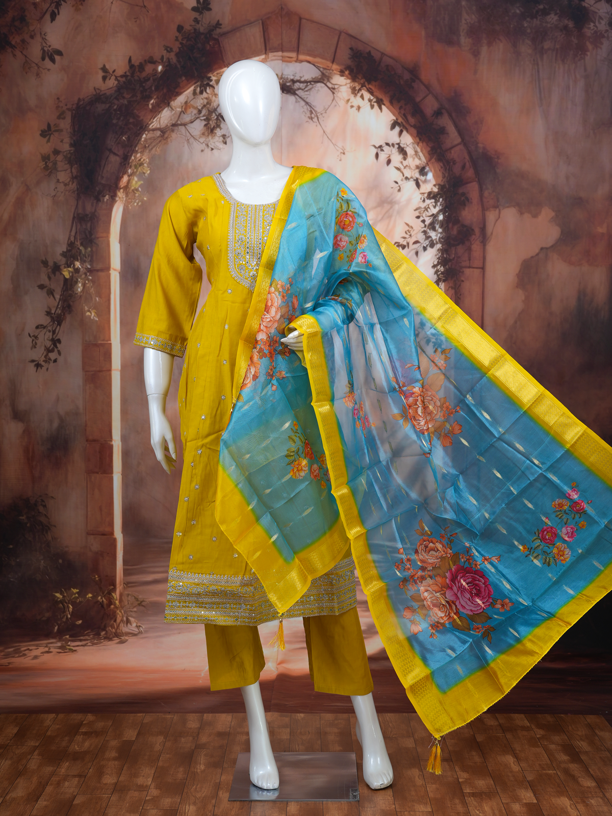 Mustard Yellow with Sky Blue Dupatta Anarkali Set