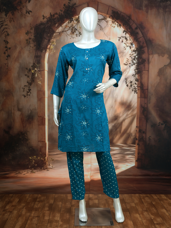 Teal Blue Floral Print Kurti Set