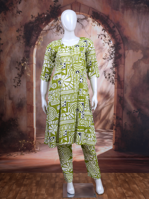 Lime Green Geometric Print Kurti Set