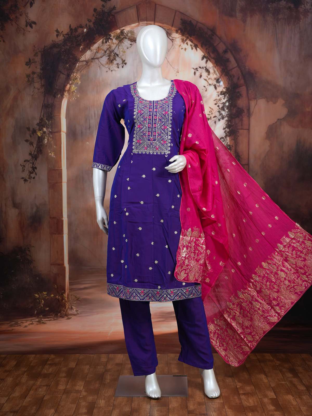 Purple with Pink Dupatta Anarkali Set
