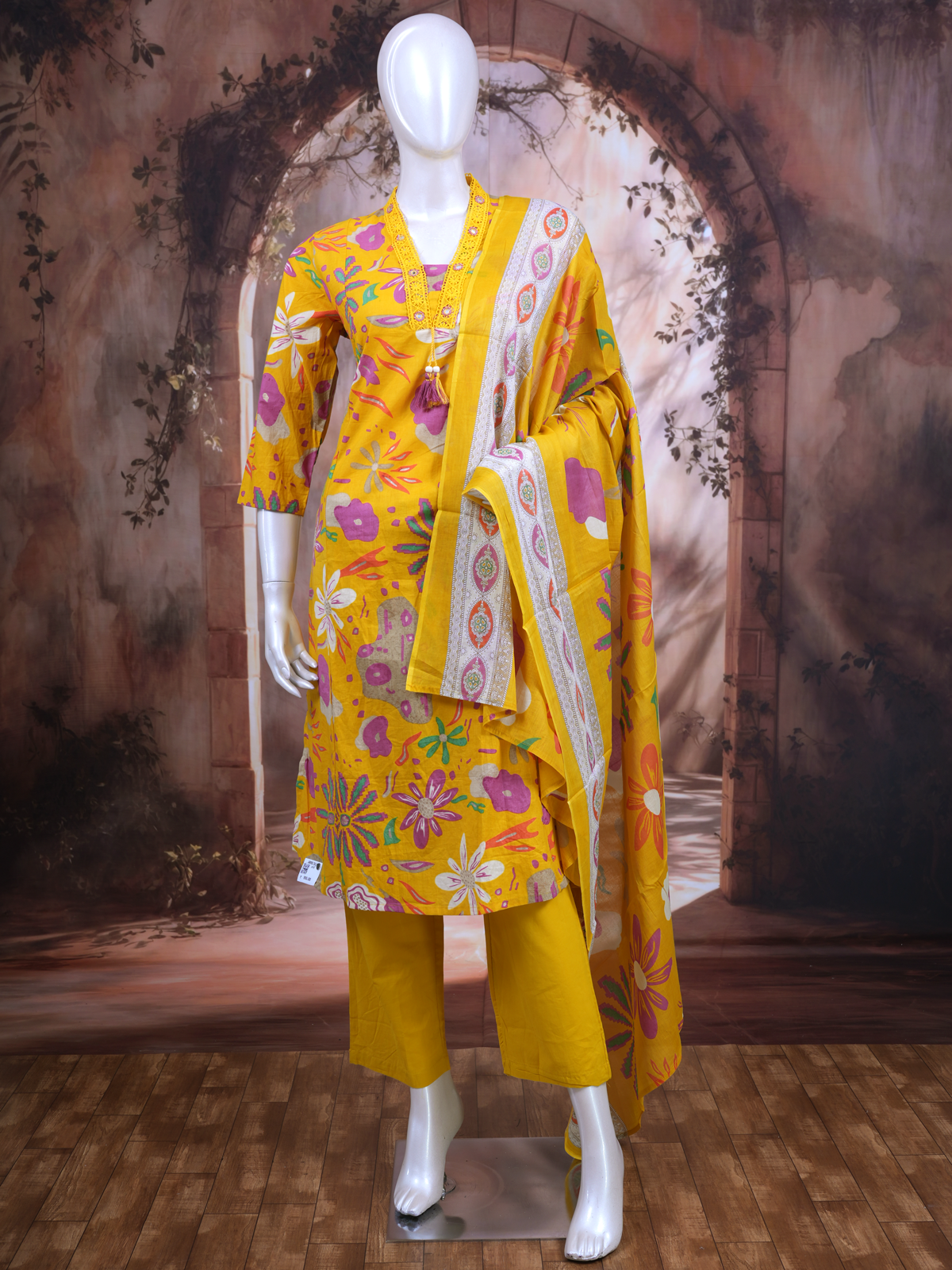 Bright Yellow with Yellow Printed Dupatta Ready Made Kurti Set