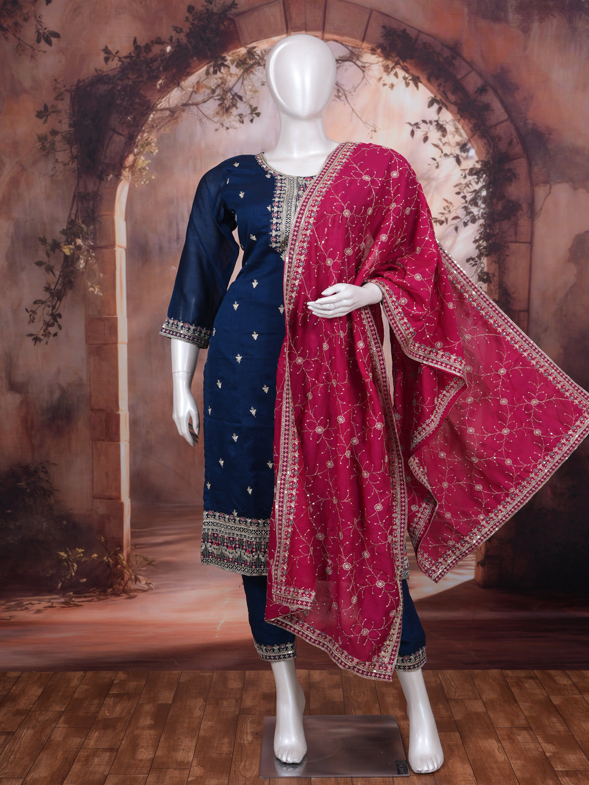 Navy Blue with Rani Pink Ready Made Kurti Set