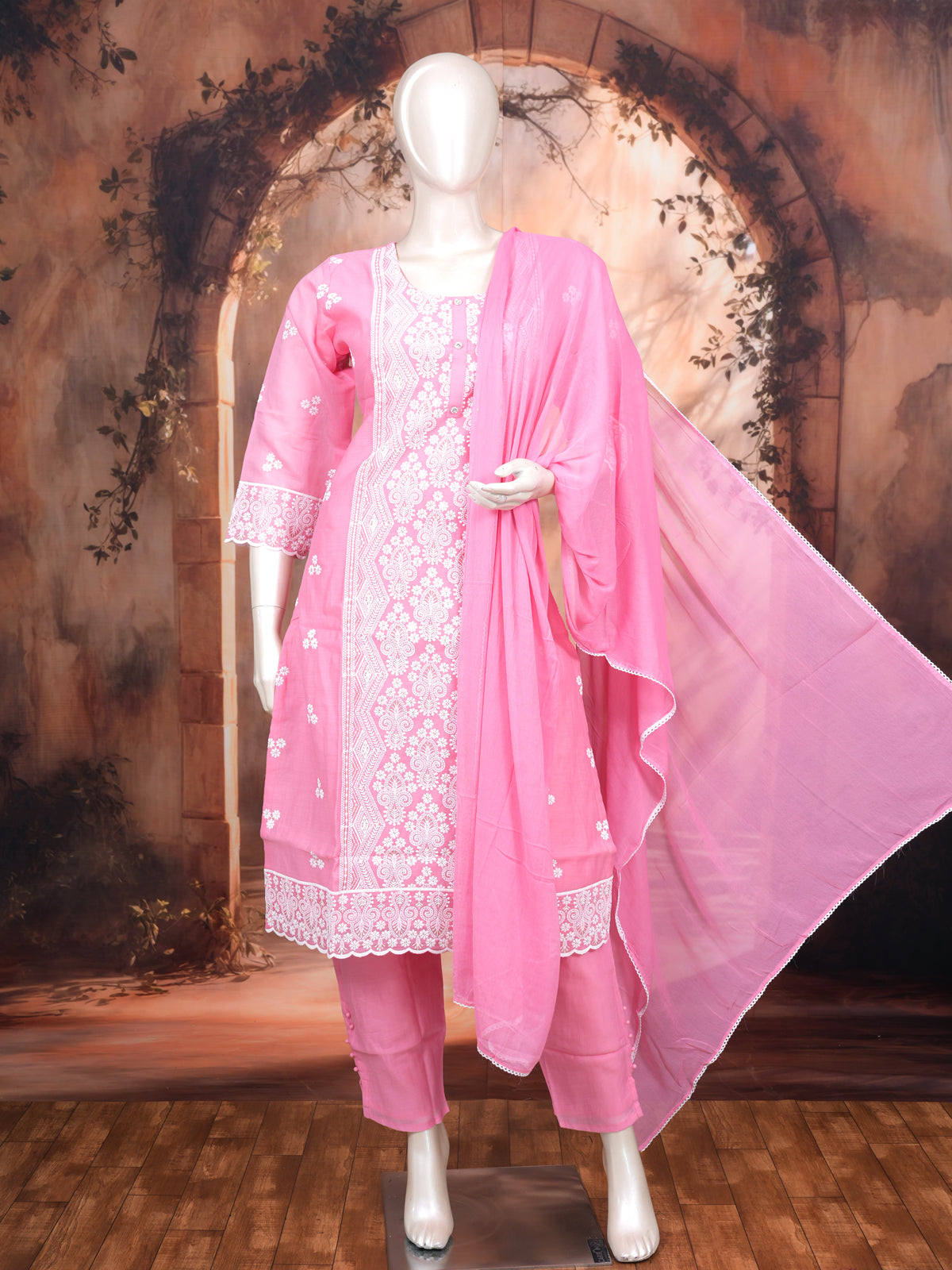 Pink with White Dupatta Ready Made Kurti Set