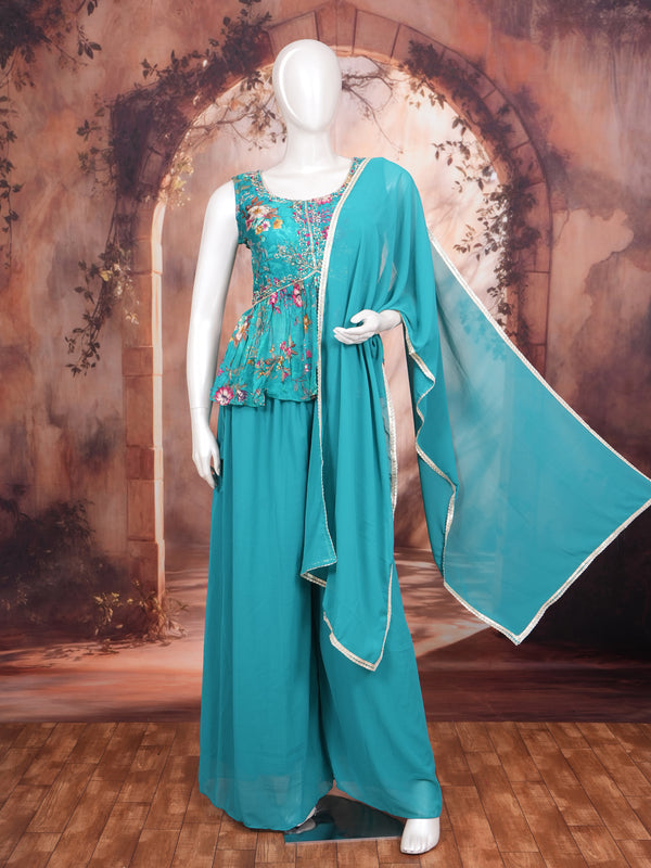 Teal Blue with Floral printed Dupatta Ready Made Kurti Set