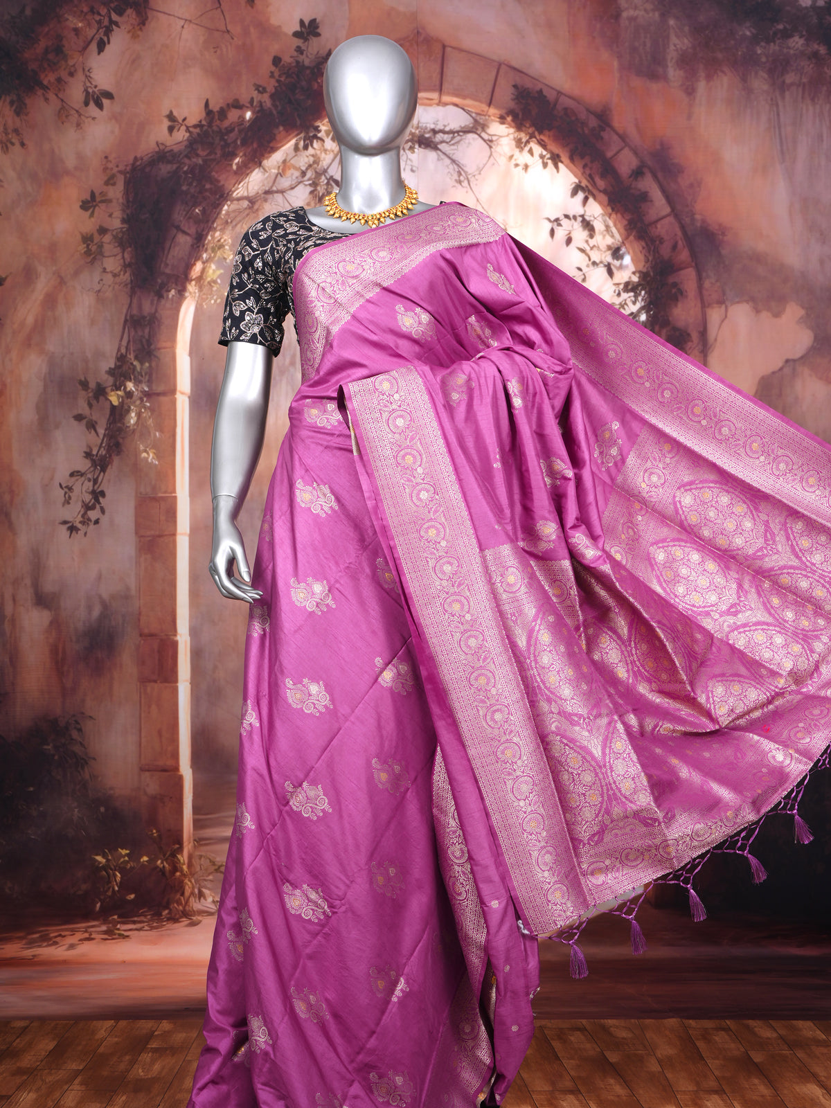 Magenta Pink with Silver/Gold Zari - Semi Tussar Saree