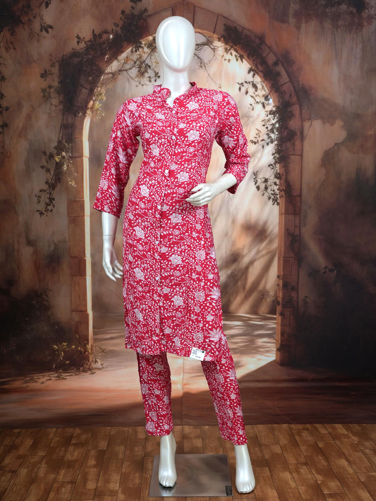 Red Floral Print Cotton Kurti Set