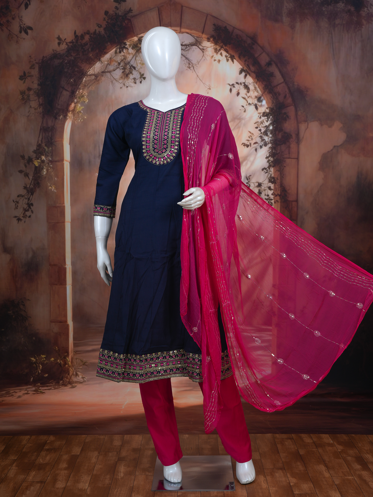 Navy Blue with Magenta Dupatta Ready Made Kurti Set