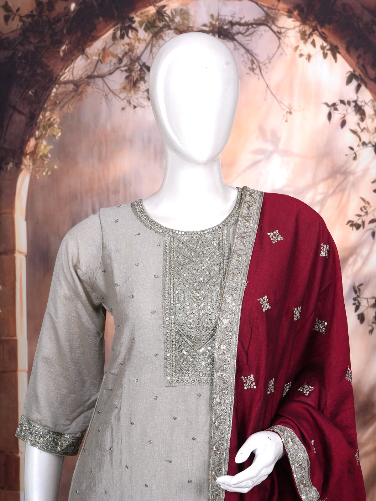 Grey with Maroon Dupatta Ready Made Kurti Set