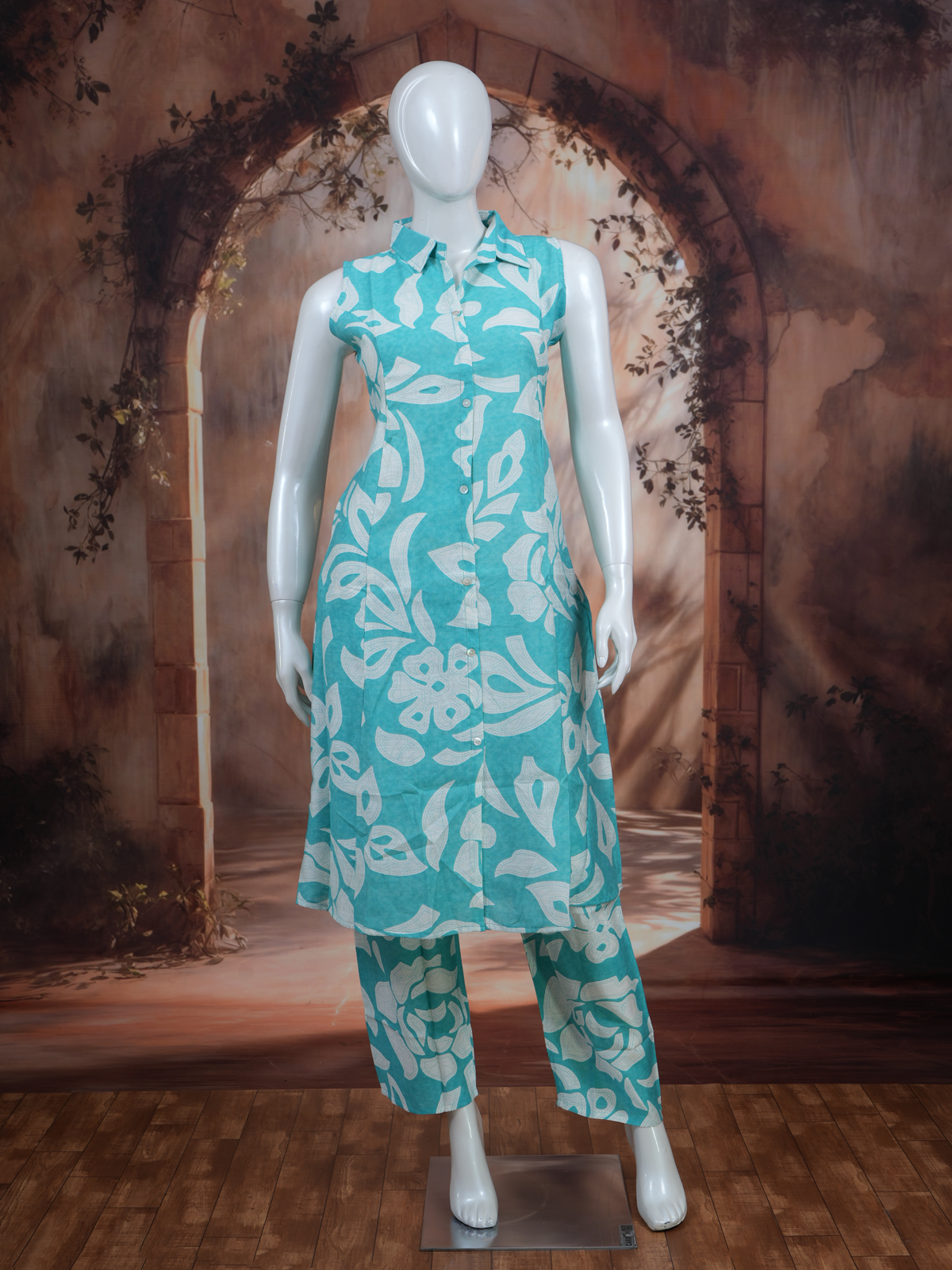 Turquoise Blue Floral Printed Cotton Co-ord Set