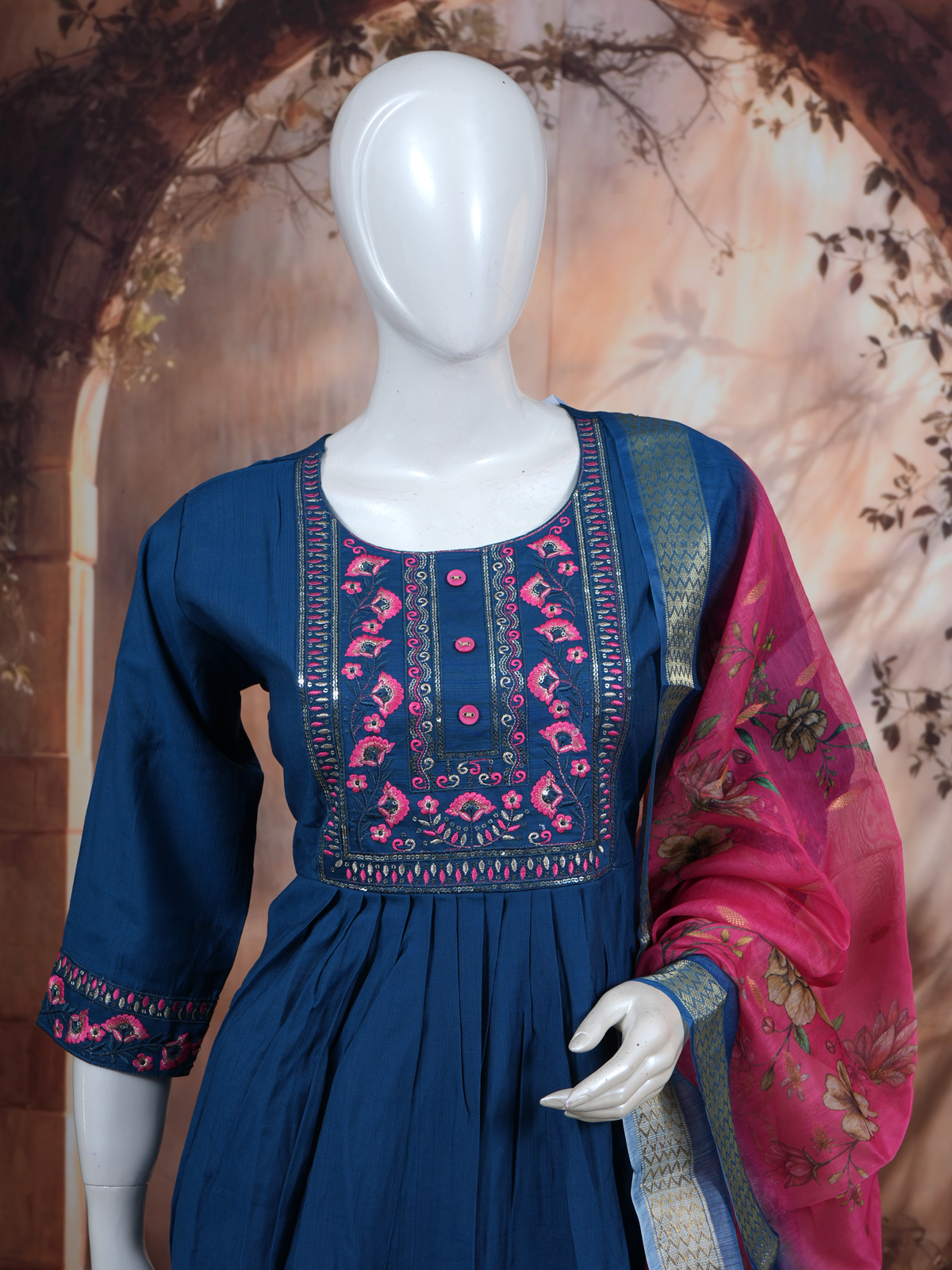 Teal Blue with Magenta Dupatta Anarkali Set