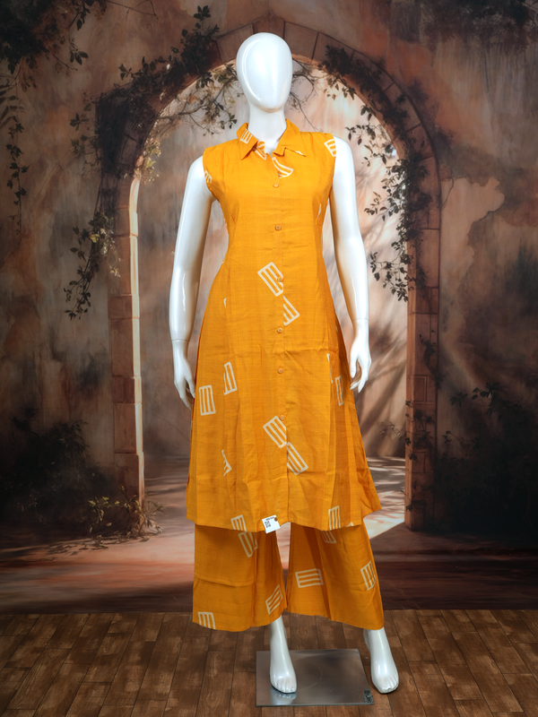 Mustard Yellow Geometric Print Cotton Co-ord Set