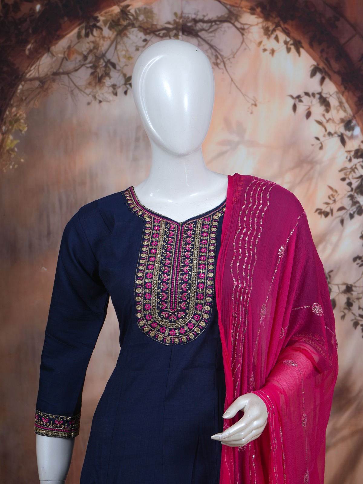 Navy Blue with Magenta Dupatta Ready Made Kurti Set