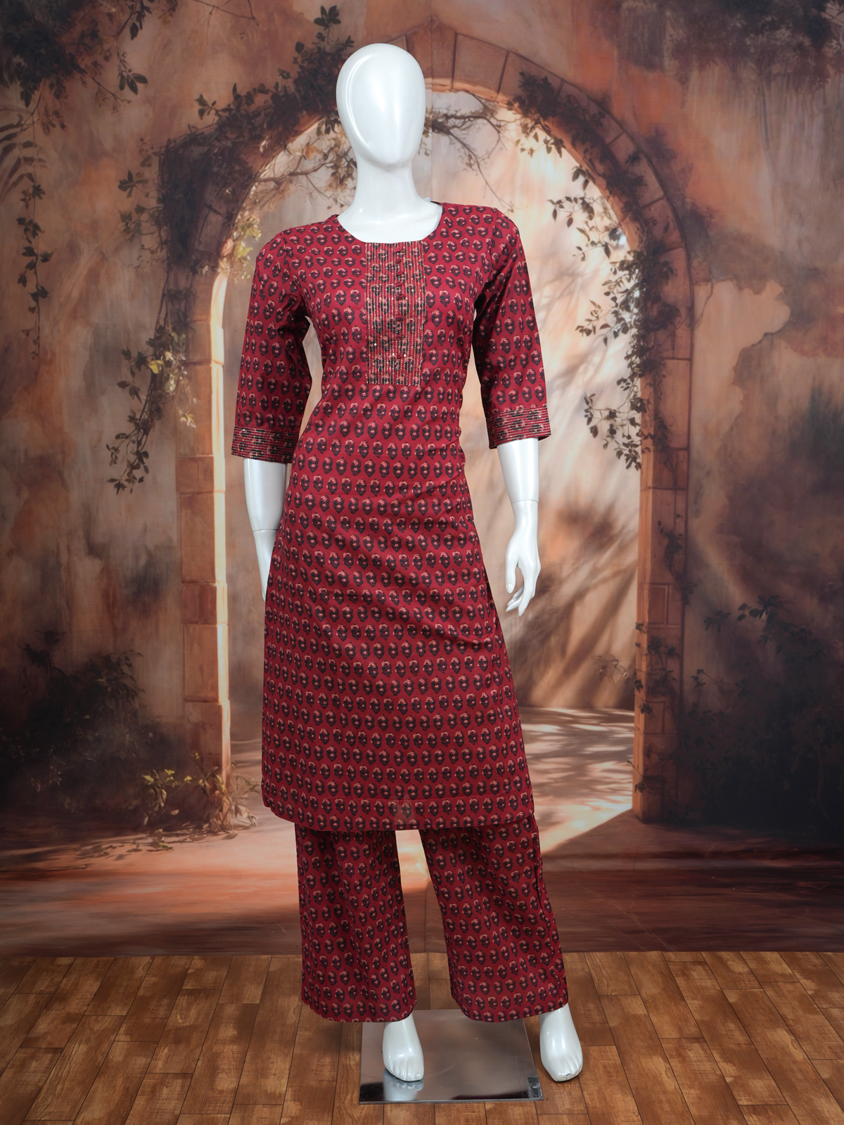 Maroon Printed Cotton Kurti Set