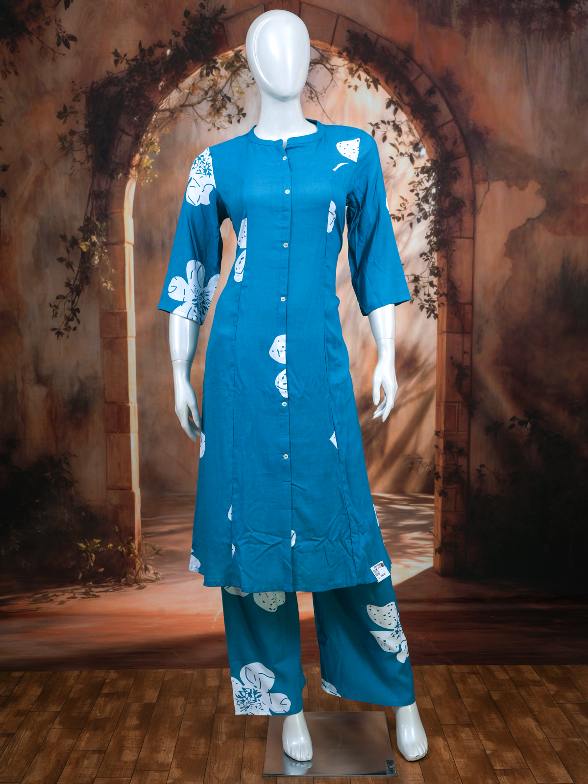Blue Floral Cotton Kurti Set