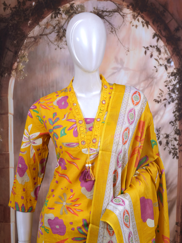 Bright Yellow with Yellow Printed Dupatta Anarkali Set
