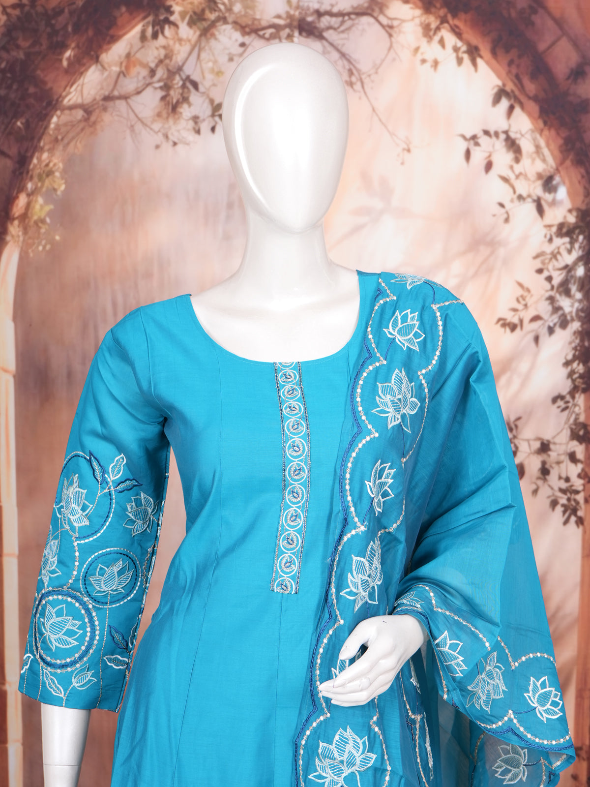 Teal Blue with white thread Dupatta Ready Made Kurti Set