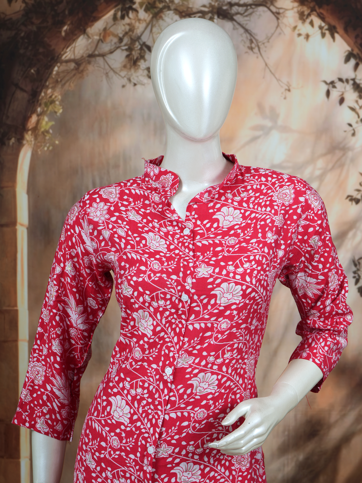 Red Floral Print Cotton Kurti Set