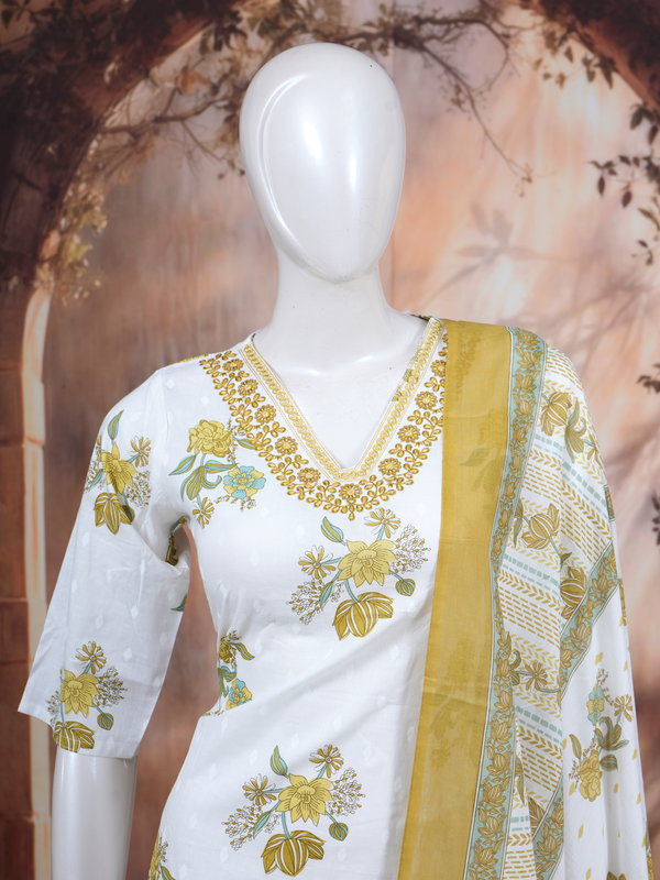 White and Olive Green Floral Print Anarkali Set