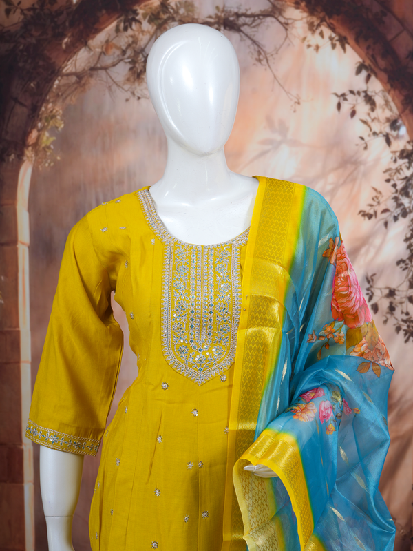 Mustard Yellow with Sky Blue Dupatta Anarkali Set