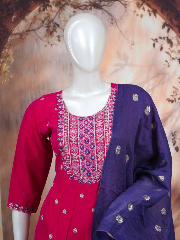 Rani Pink with Deep Purple Dupatta Straight Kurta Set
