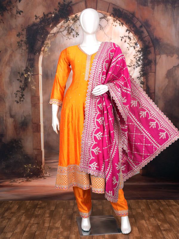 Mango Orange with Magenta Pink Dupatta Ready Made Kurti Set