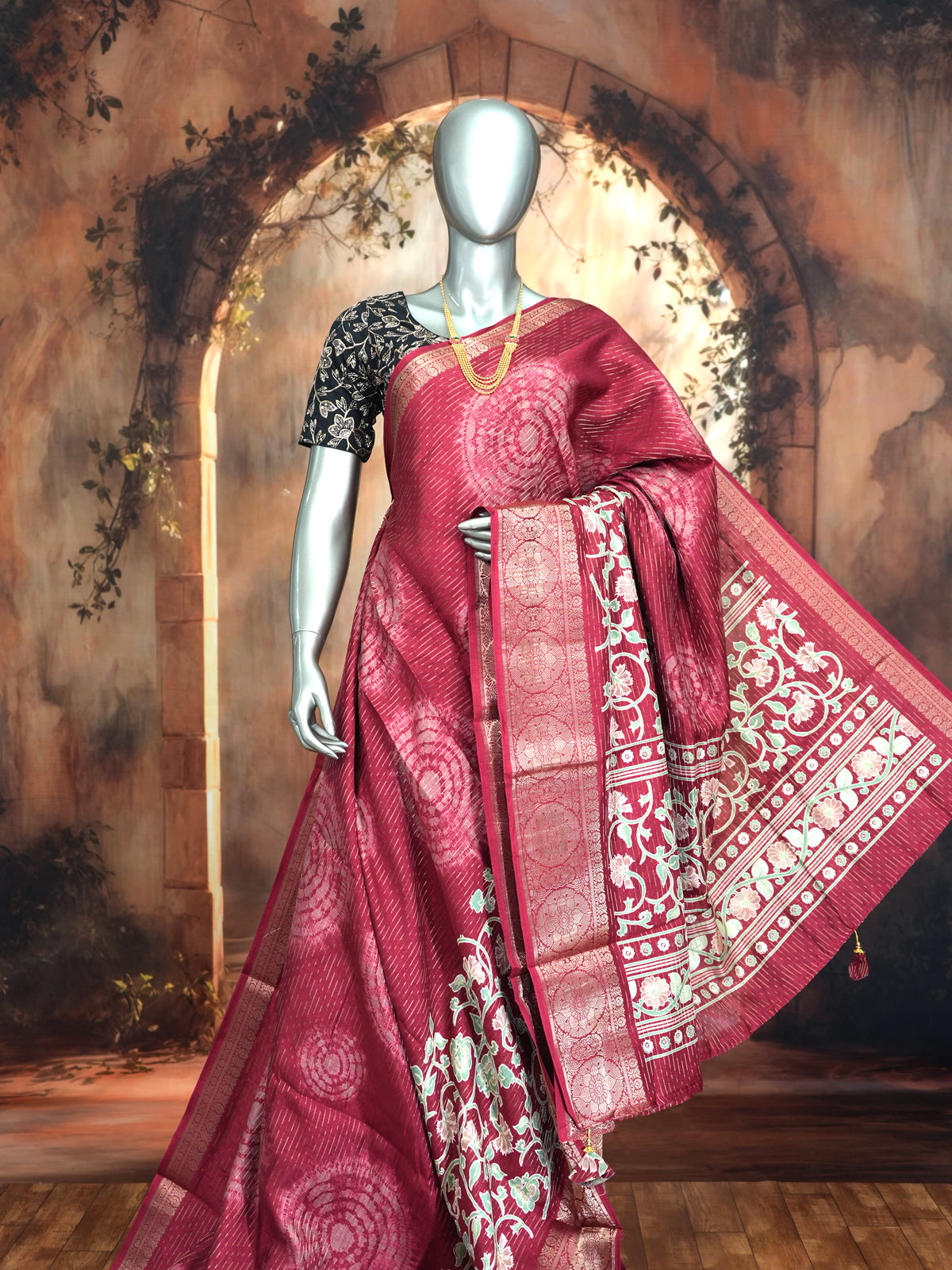 Wine Crimson with Silver Mint Pallu - Semi Raw Silk Saree