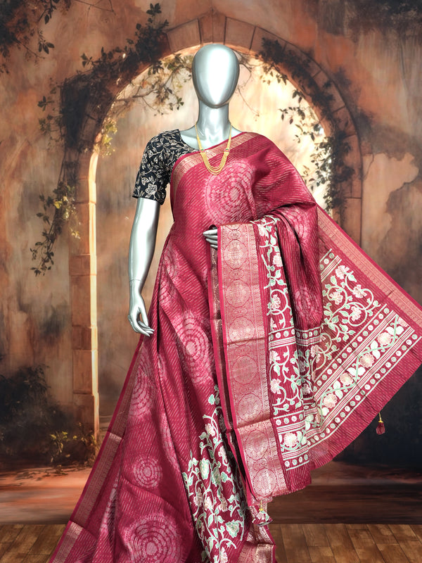 Wine Crimson with Silver Mint Pallu - Semi Raw Silk Saree