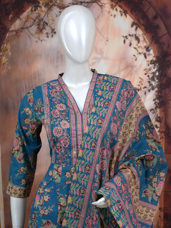 Teal Blue with Matching Floral Dupatta Anarkali Set