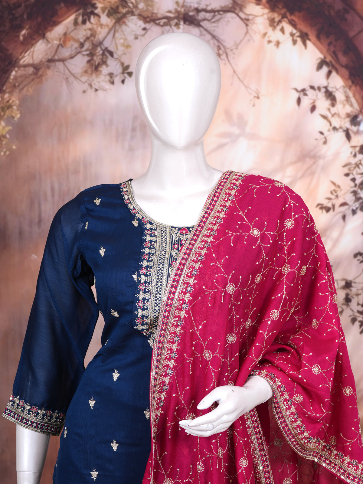 Navy Blue with Rani Pink Ready Made Kurti Set