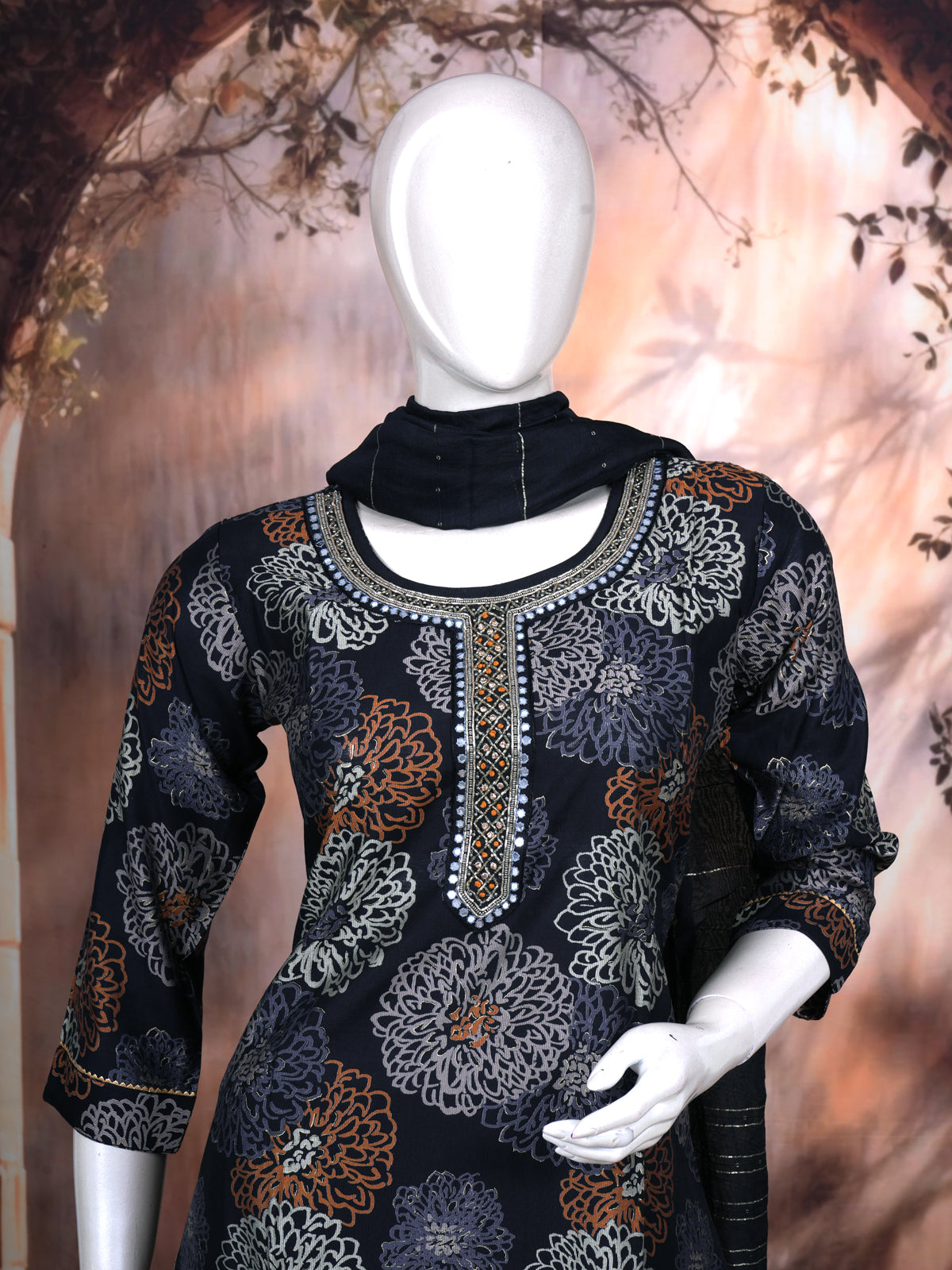 Navy Blue with Dark Navy Blue Dupatta Ready Made Kurti Set