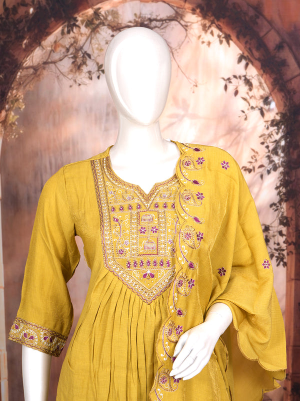 Mustard Yellow with Purple Embroidered Dupatta Ready Made Kurti Set