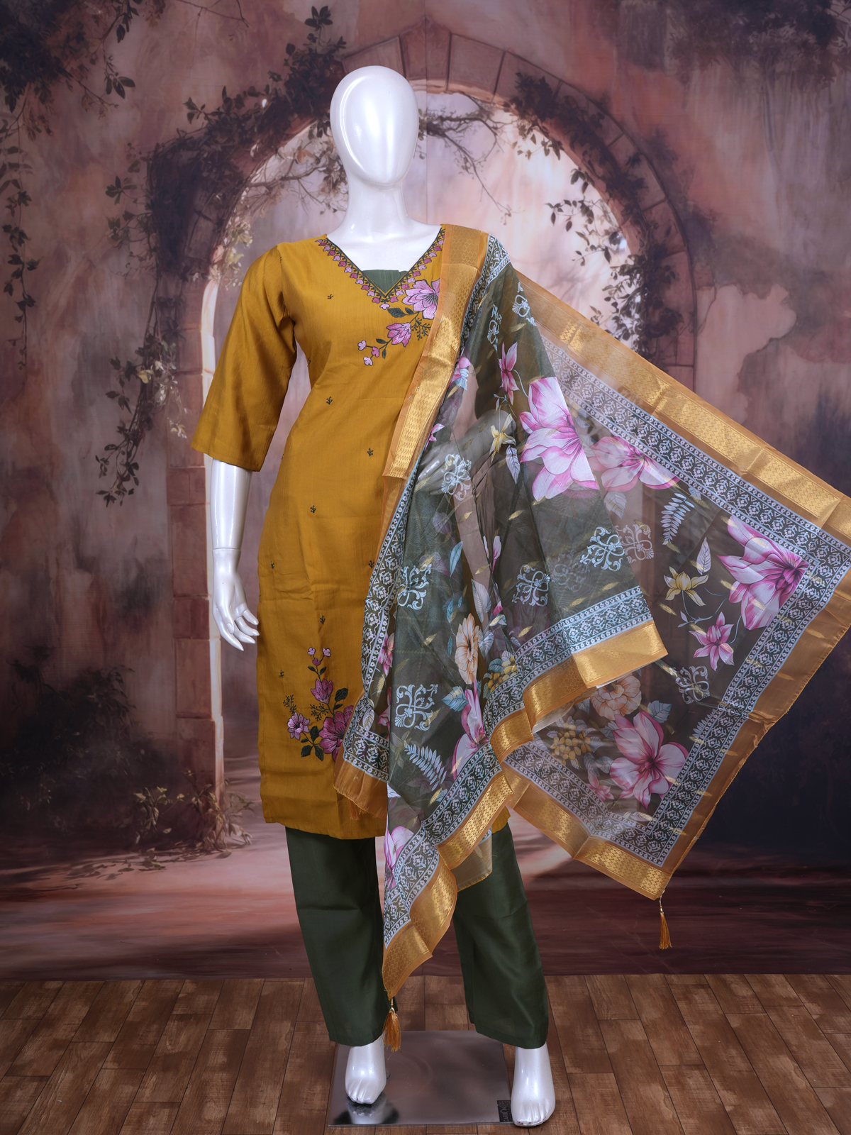 Mustard Yellow with Olive Green Dupatta Ready Made Kurti Set