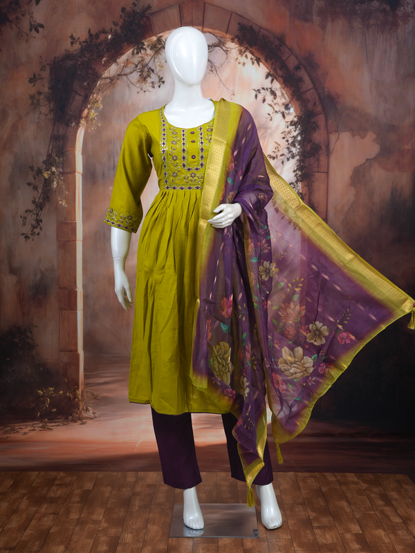 Olive Green with Purple Dupatta Anarkali Set
