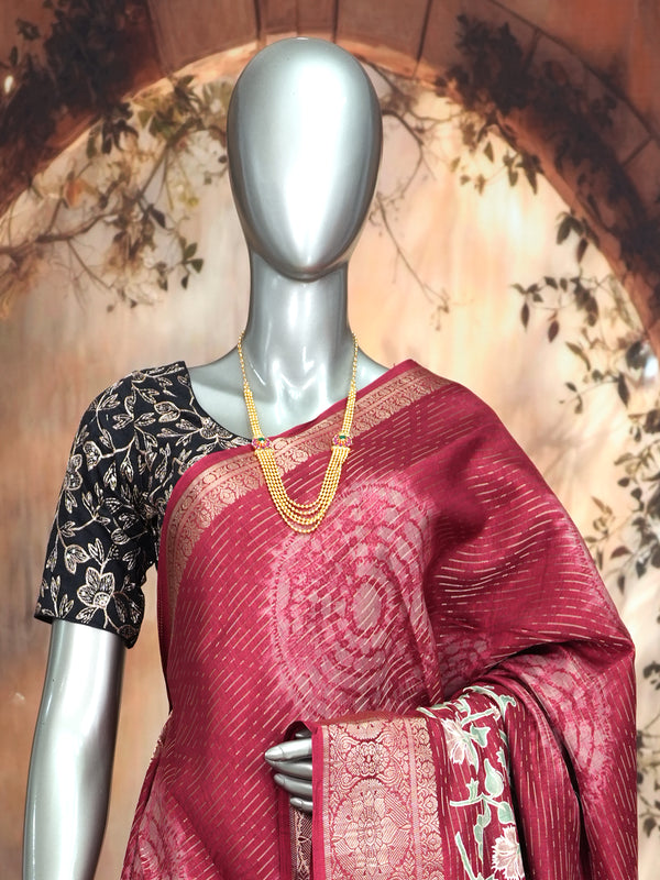 Wine Crimson with Silver Mint Pallu - Semi Raw Silk Saree