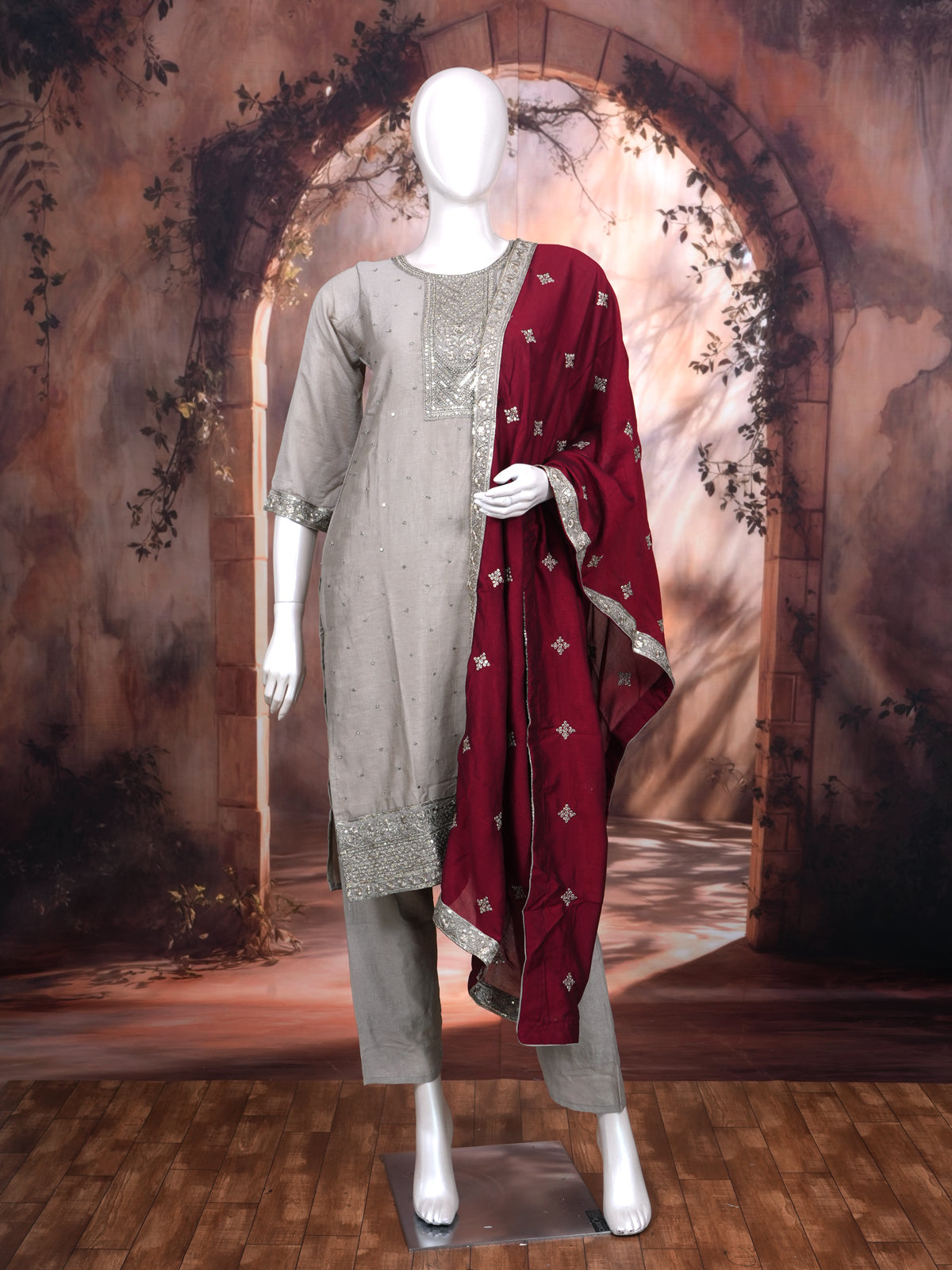 Grey with Maroon Dupatta Ready Made Kurti Set