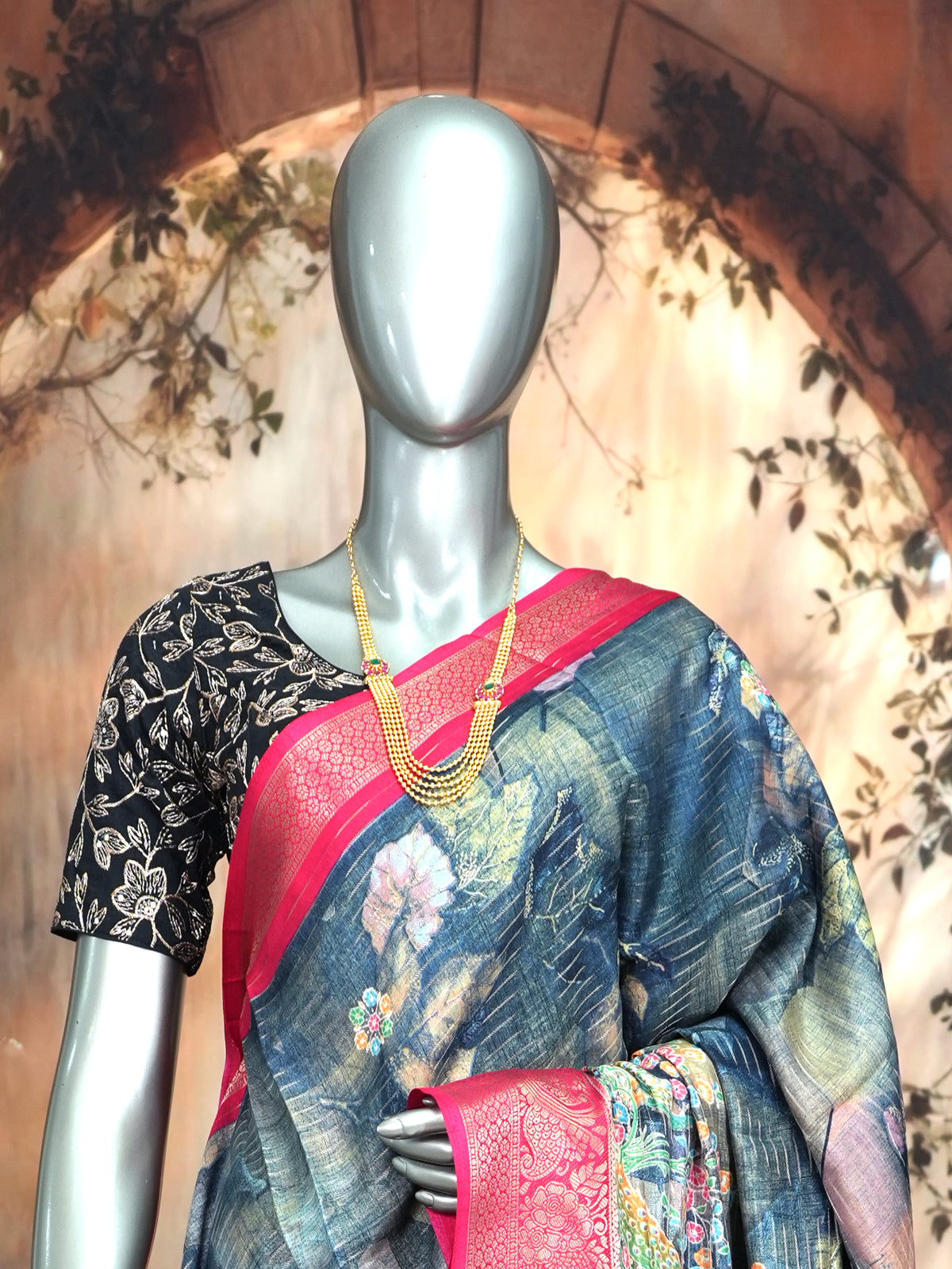 Greyish Blue with Rani Pink - Semi Raw Silk Saree