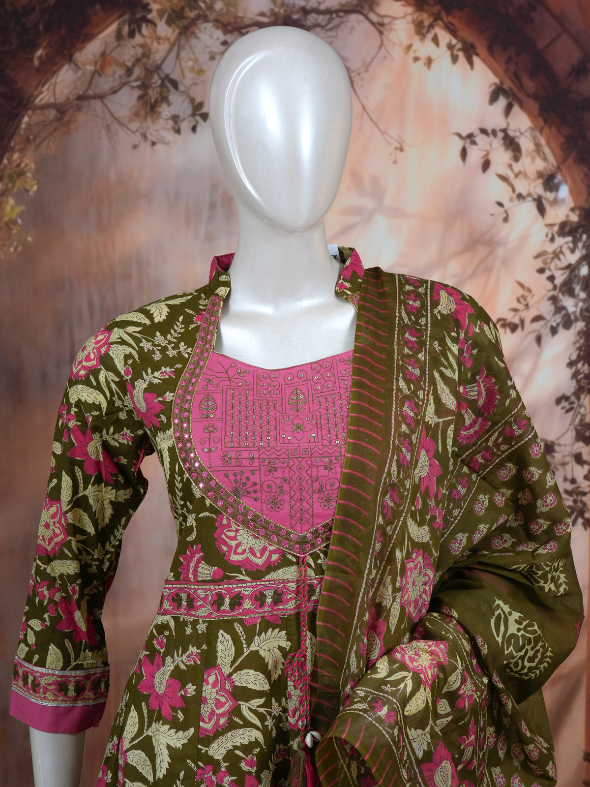 Olive Green with Pink Dupatta Ready Made Kurti Set