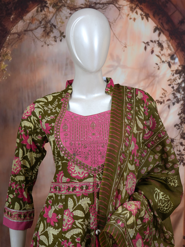 Olive Green with Pink Dupatta Anarkali Set