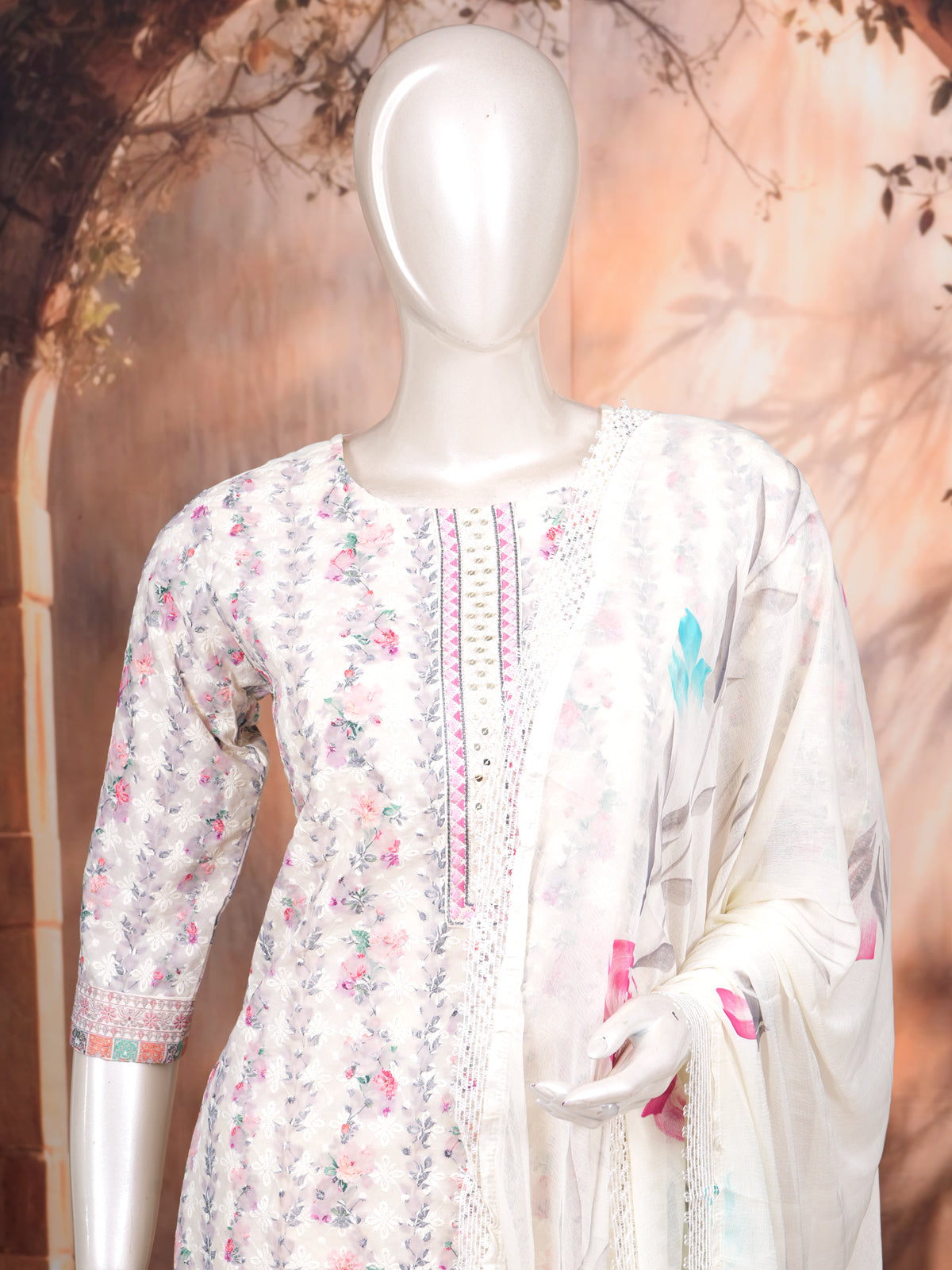 Off-White with Floral  Dupatta Ready Made Kurti Set