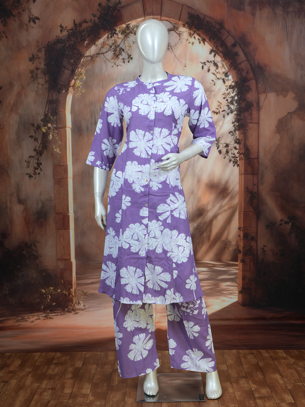 Lavender Floral Cotton Kurti Set