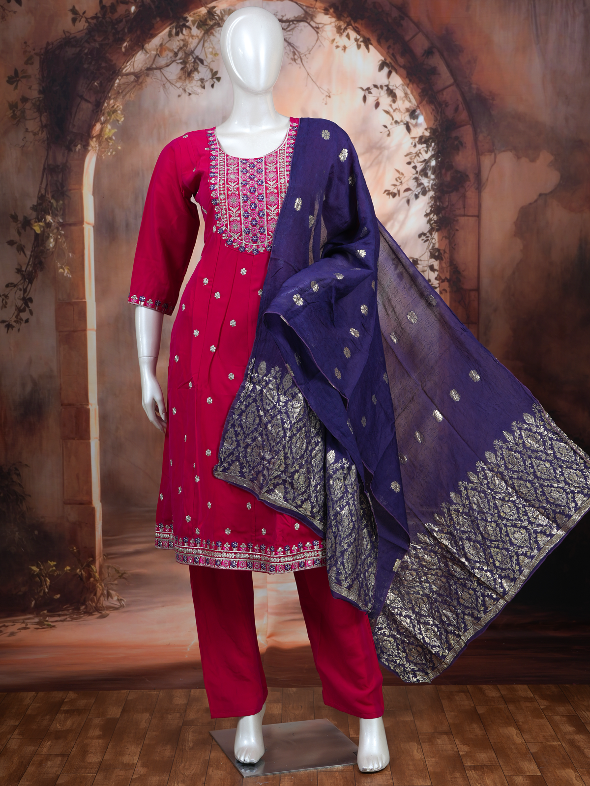Rani Pink with Deep Purple Dupatta Straight Kurta Set