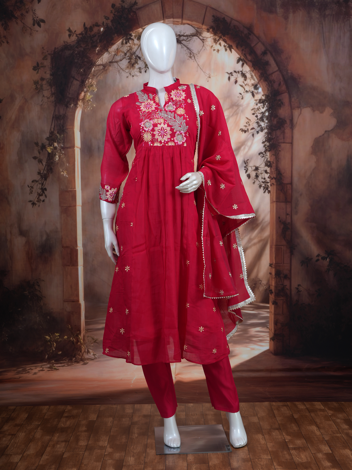 Crimson Red with Dupatta Anarkali Set