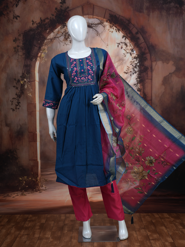 Teal Blue with Magenta Dupatta Anarkali Set