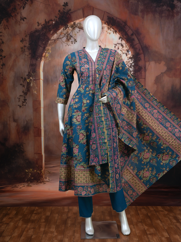 Teal Blue with Matching Floral Dupatta Anarkali Set