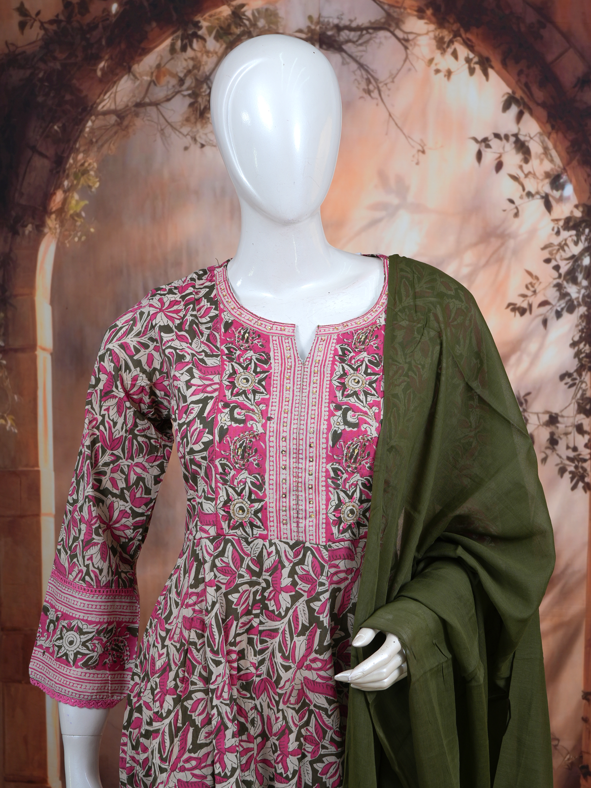 Olive Green with Pink Dupatta Ready Made Kurti Set