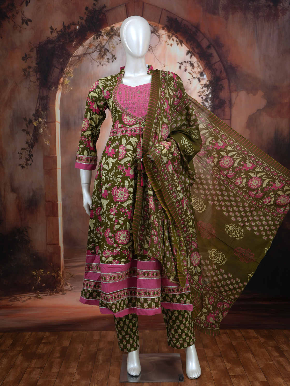 Olive Green with Pink Dupatta Ready Made Kurti Set