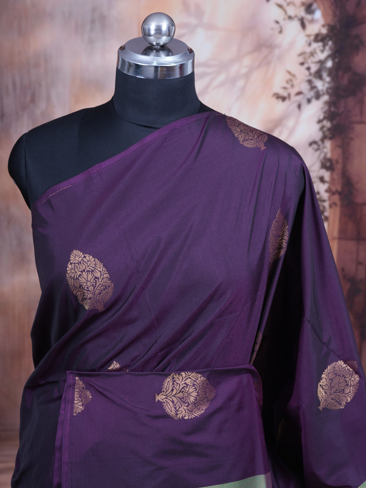 Dark Purple with Green Semi Silk Saree