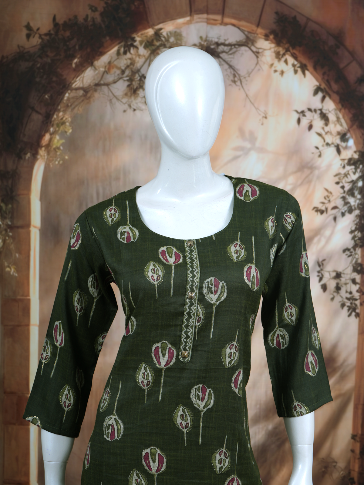 Olive Green Printed Cotton Kurti Set